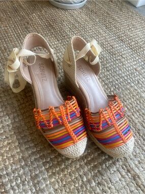 SCHUTZ Multicolor Woven Espadrille Wedges with Cream Ankle Tie New!